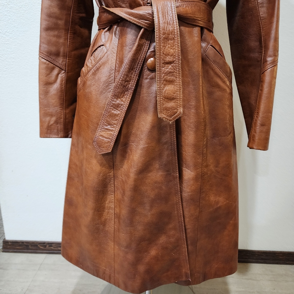 Vintage Leather Trench Coat Full Length 70s Genuine Cognac Leather size Medium - Picture 5 of 16